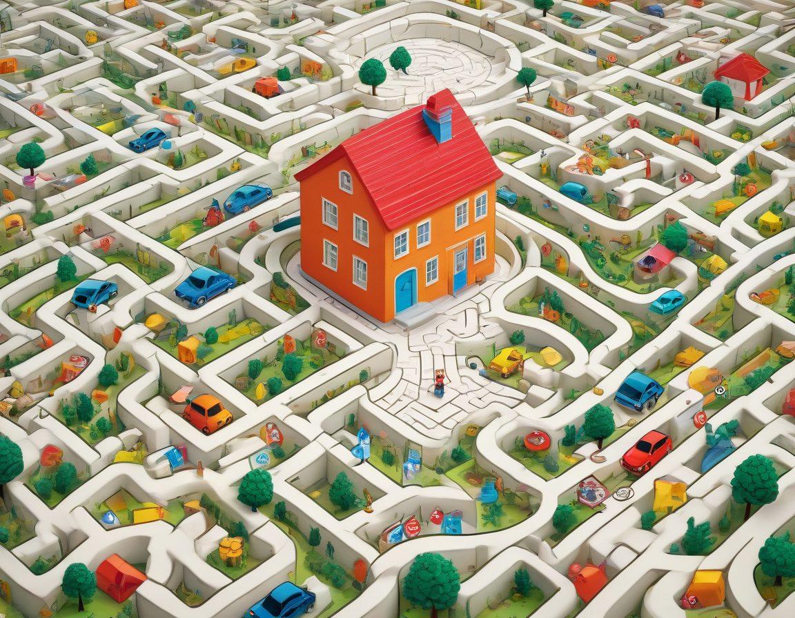 A detailed maze designed with symbols representing auto, health, home, and life insurance. Each section of the maze features relevant icons like a car, a stethoscope, a house, and a family portrait, creatively intertwining them into the pathways. Bright, engaging colors guide the viewer's eye throughout the maze, representing different coverage options. Include a character with a puzzled expression navigating the maze, symbolizing the journey through insurance options. cartoon style. vibrant colors.