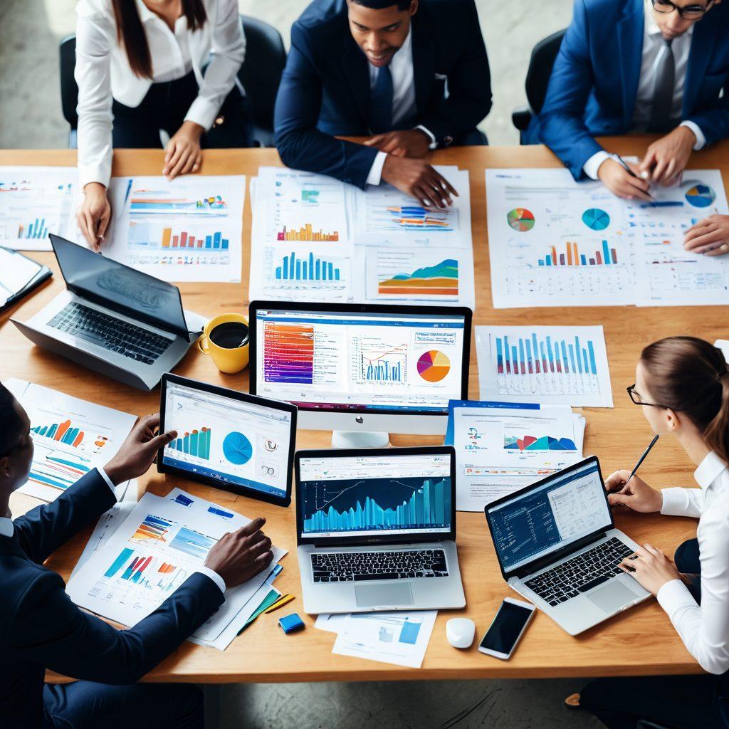 A modern and clean workspace featuring a diverse group of people engaged in a discussion around a large table filled with insurance documents, laptops, and digital devices displaying graphs. Overlayed icons representing tips and tools related to insurance management, such as checklists and calculators, surround the scene. Bright lighting creates an inviting atmosphere, emphasizing collaboration. vibrant colors. super-realistic.