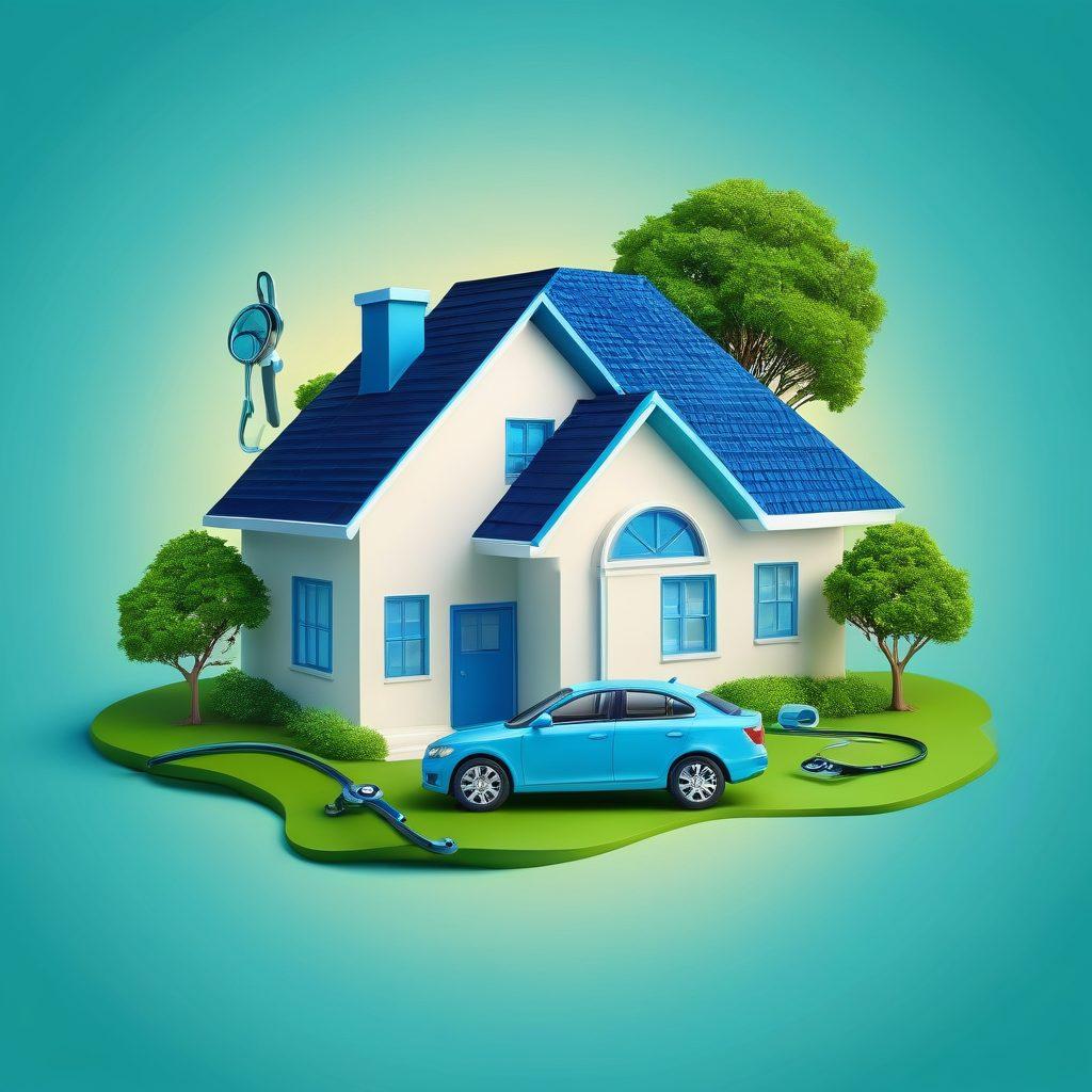 A vibrant collage representing the key elements of insurance: a car symbolizing auto insurance, a family in a cozy home for home insurance, a stethoscope for health insurance, and intertwined hands for life insurance, all interconnected to symbolize protection. The background features a subtle gradient that transitions between blue and green, signifying security and trust. Each element should be detailed and colorful, creating an inviting and informative feel. modern vector art. bright colors.